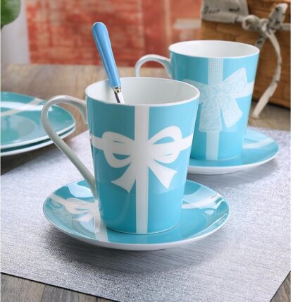 Blue Bow Print Ceramic Cup and Plate
