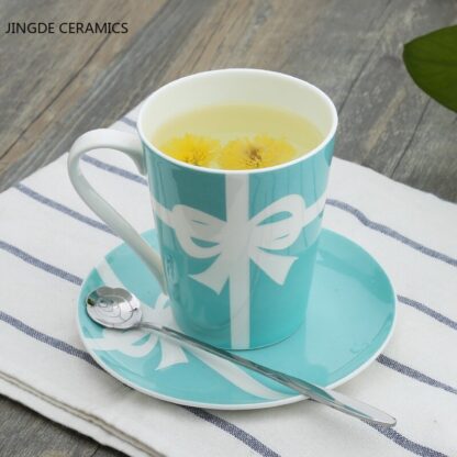 Blue Bow Print Ceramic Cup and Plate - Image 2